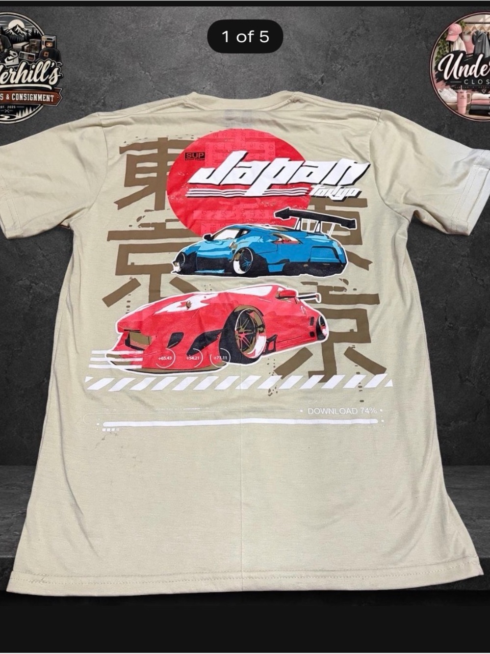 Japan Racing Cars Short-Sleeve Tee - Beige with Red & Blue